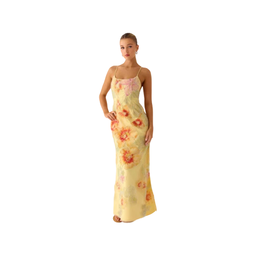 Beaded Floral Silk Maxi Dress