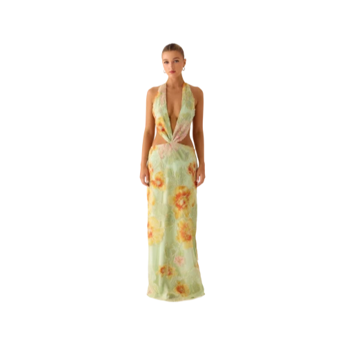 Beaded Floral Silk Maxi Dress